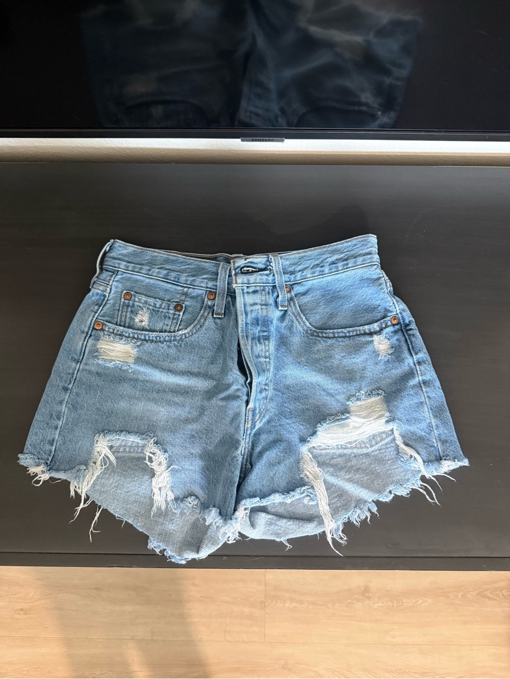 High-Rise Distressed Denim Shorts - Light Blue